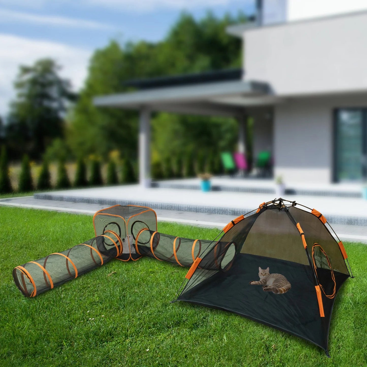 Outdoor Cat Enclosure with Pop-Up Pet Tent, Cat Tunnel, and Durable Water-Resistant Material for Indoor and Outdoor Use