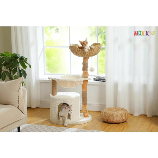 Super Large Luxury Cat Tree for Big Cats - Wooden Cat Tower with Real Branch, Cozy Condo, and Ultra-Soft Plush