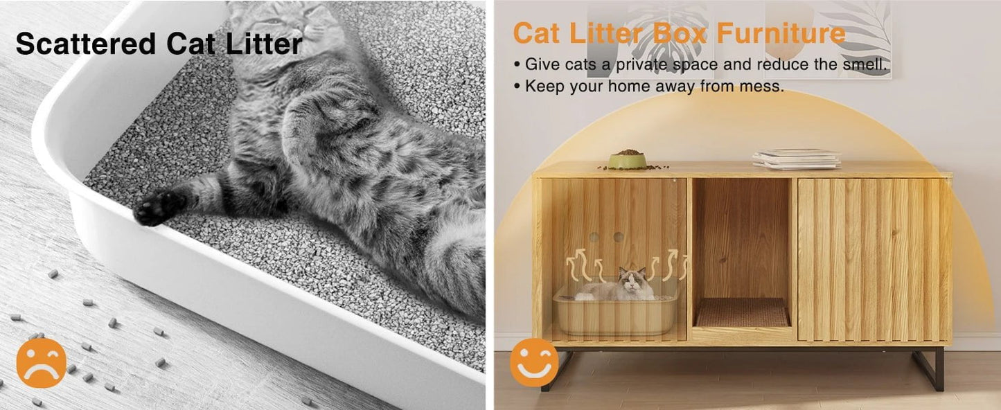 47.6" Hidden Litter Box Furniture - Double Room Large Cat Cabinet with Cat Scratch Pad, TV Stand & Side Table