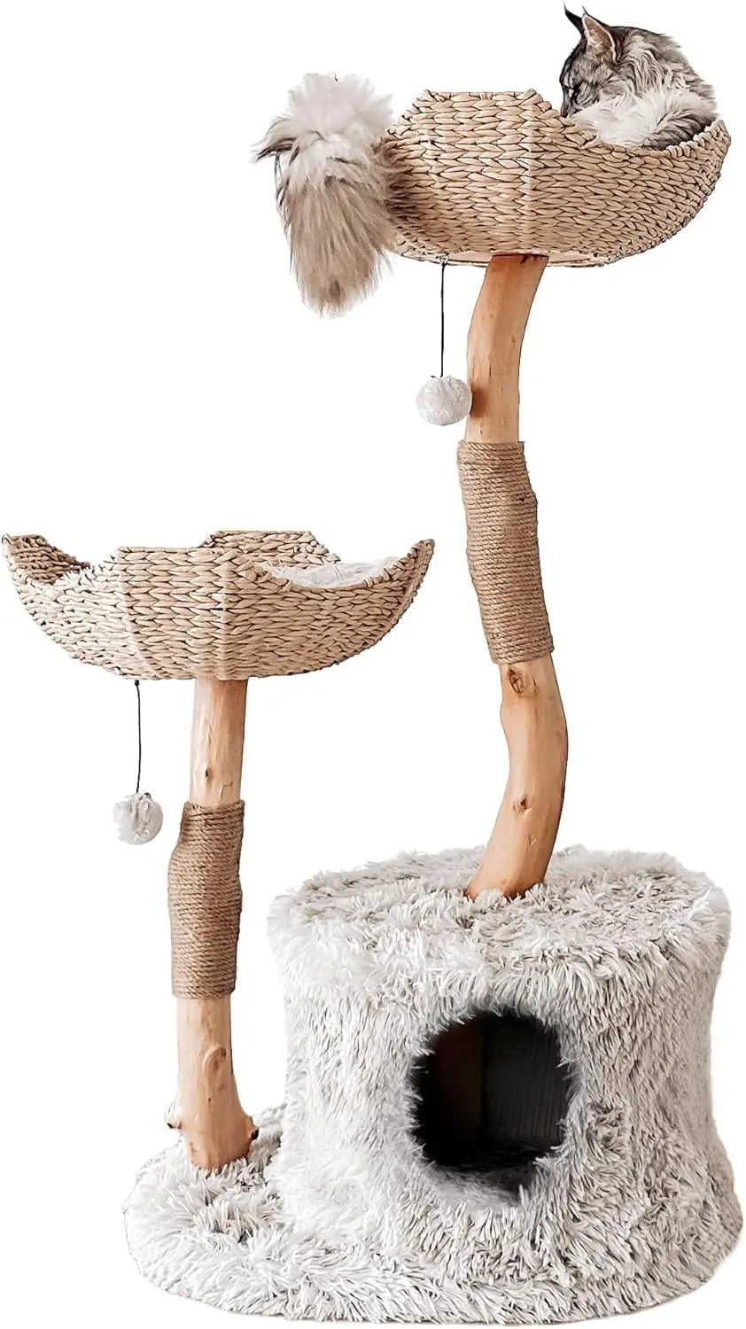 Modern Luxury Cat Tree Tower for Large Cats - 3-Layer Real Branch Cat Condo with Scratching Tree and Unique Design