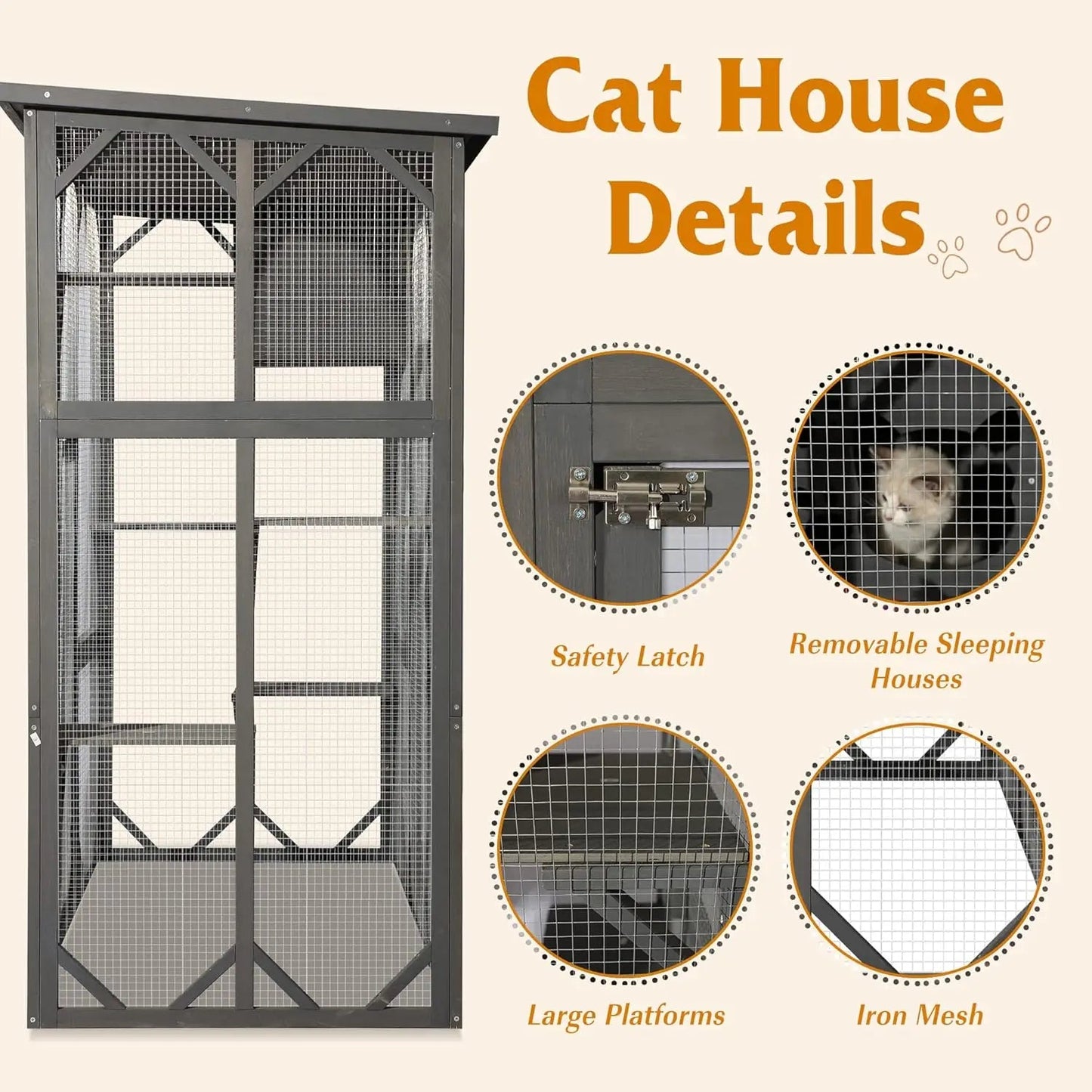 Large Outdoor Catio Wooden Cat House with Weatherproof Roof, Indoor Playpen, and Platform