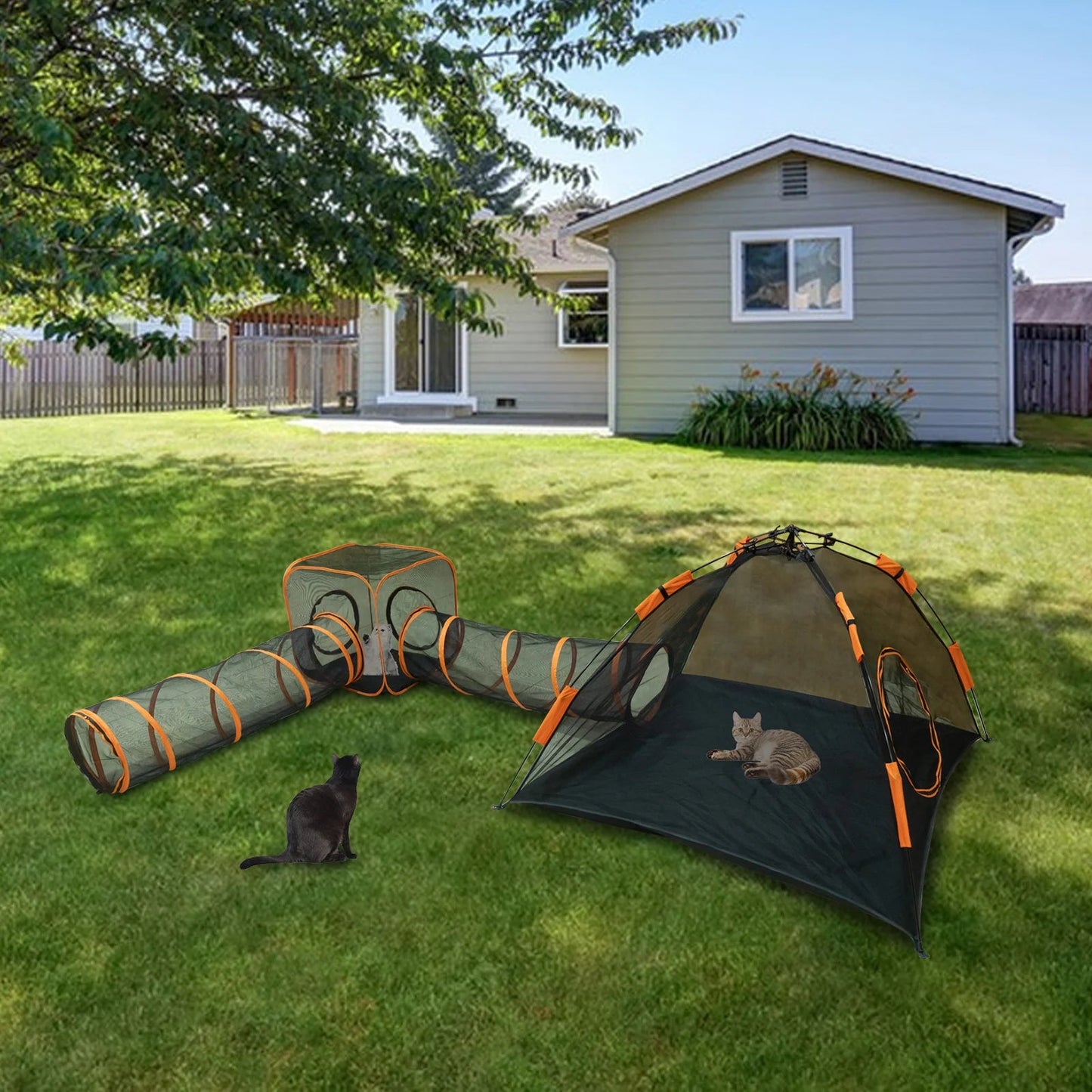 Outdoor Cat Enclosure with Pop-Up Pet Tent, Cat Tunnel, and Durable Water-Resistant Material for Indoor and Outdoor Use