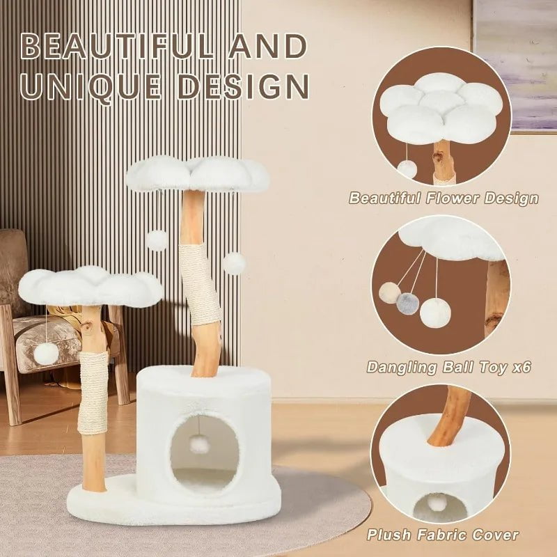 Wood Flower Cat Tree Tower for Indoor Cats - Cute Cat Condo with Scratching Post, Plush Perches, and Toy Balls