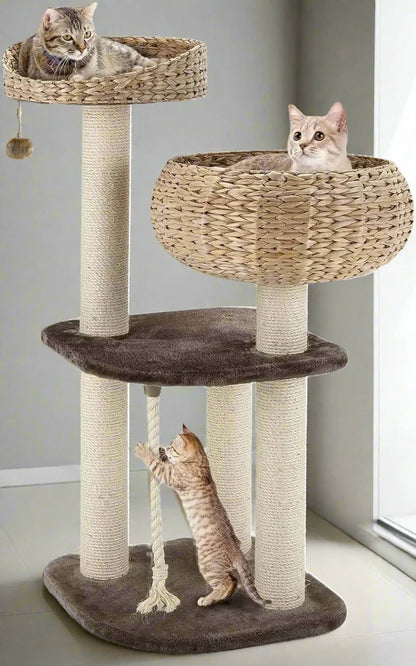 Cat Tree Tower with Sisal Scratching Posts, Basket Bed, and Multiple Perches for Endless Feline Fun