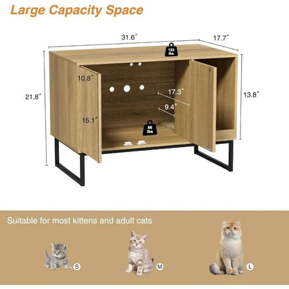 Cat Litter Box Enclosure - Fluted Hidden Litter Box Furniture with Cat Scratch Pad, 2 Doors & Enclosed Cabinet