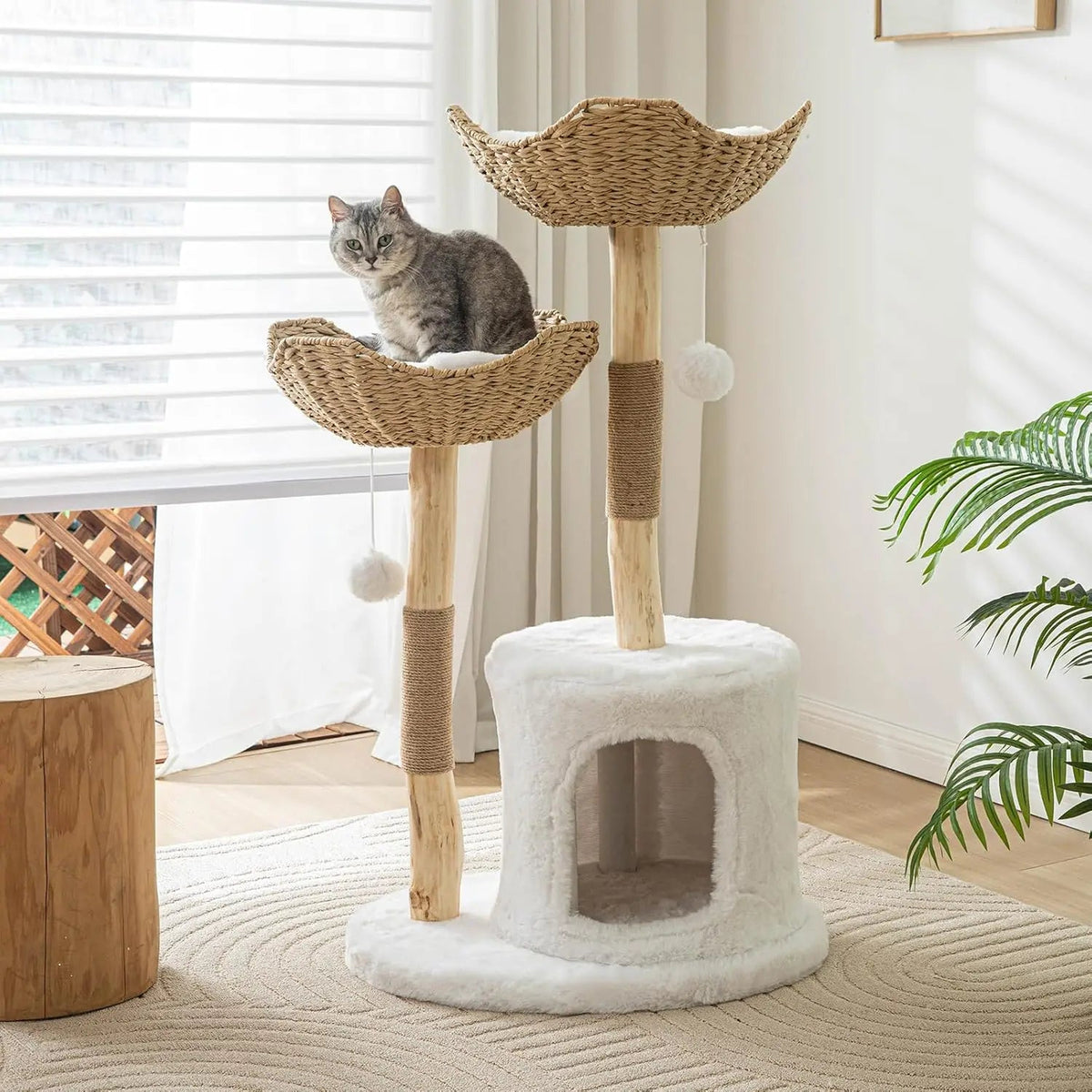 Modern Cat Tree for Indoor Cats - Large Adult Wooden Cat Tower with Scratching Post