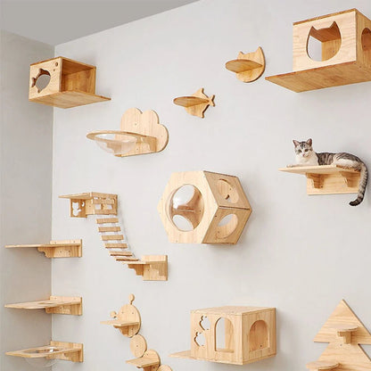 Cat Climbing Shelf Wall Mounted Four Step Stairway with Sisal Scratching Post and Natural Pine Wood Construction