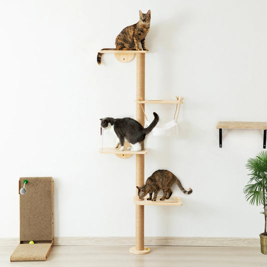 Wall-Mounted Cat Scratching Pad with Hammock, Perches, and Durable Wood Construction for Small to Large Cats