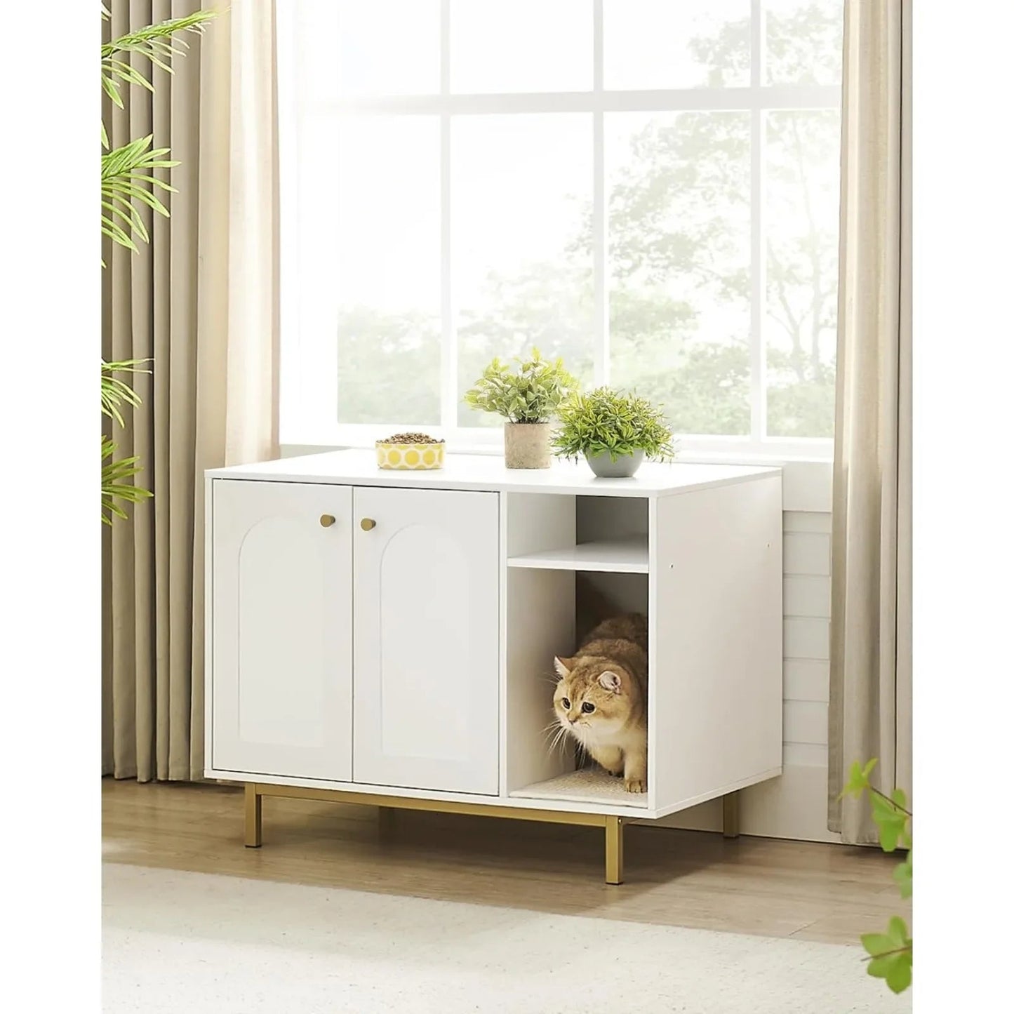 Cat Litter Box Enclosure - Hidden Litter Box Furniture with Storage Cabinet Bench for Living Room