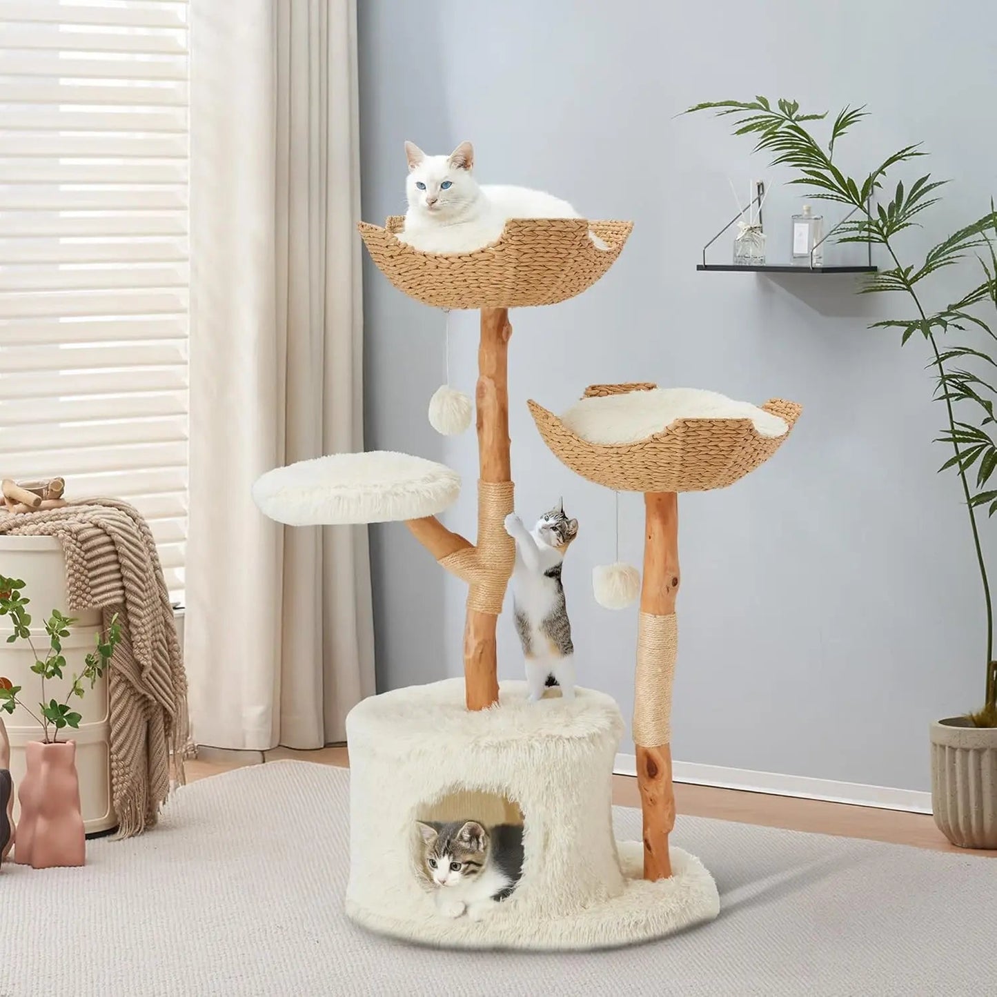 Aesthetic Cat Tree - Wood Cute Tree Tower with Scratching Post, Modern Condos, Jumping Platforms, and 2 Beds