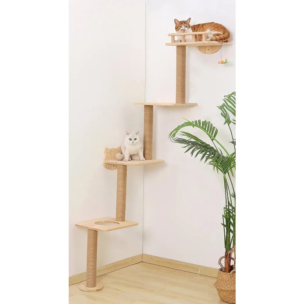 Wall-Mounted Cat Tree with 4 Levels, 73" Wood Corner Tower, and Sisal Rope Scratching Post