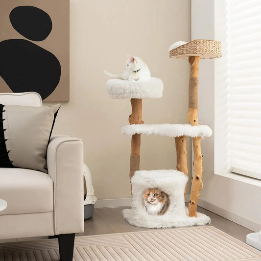 Cat Tree for Indoor Cats - Solid Wood Modern Cat Tower with Top Cattail Basket Cat Bed