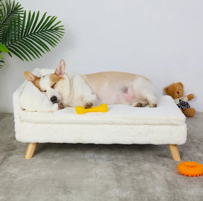 Elevated Pet Bed Solid Wood Leg Dog Cat Sofa for Indoor - L Shape Plush Couch Lounge