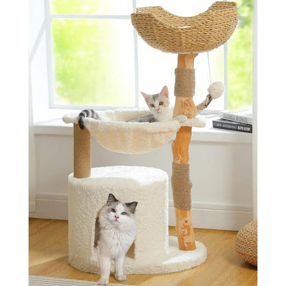 Super Large Luxury Cat Tree for Big Cats - Wooden Cat Tower with Real Branch, Cozy Condo, and Ultra-Soft Plush