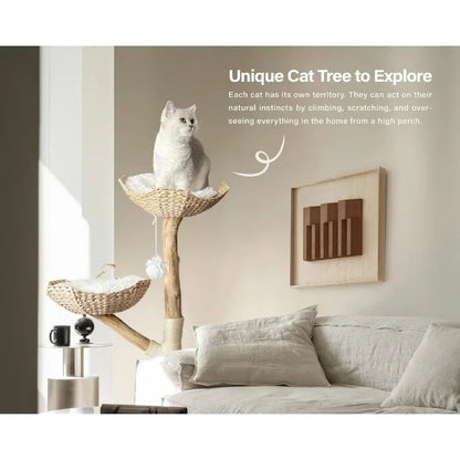 Wooden Cat Tree Tower - Unique Heavy Duty Cat Tower with Real Wood Branches and Luxurious Cat Furniture for Large Breeds