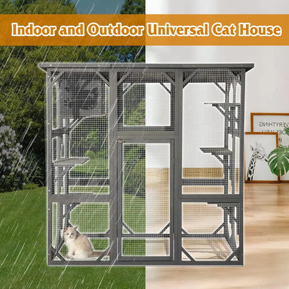 Large Outdoor Catio Wooden Cat House with Weatherproof Roof, Indoor Playpen, and Platform