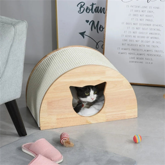 Cat Nest, Pet House Bench - Wood Pet House Cat Cave with Mat, Foot Rest Stool with Cushion, and Storage