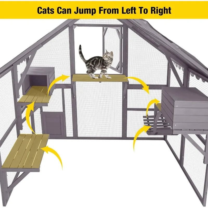 Large Outdoor Cat Enclosure with Bridges, Walks, Small Houses, and Waterproof Roof Cover