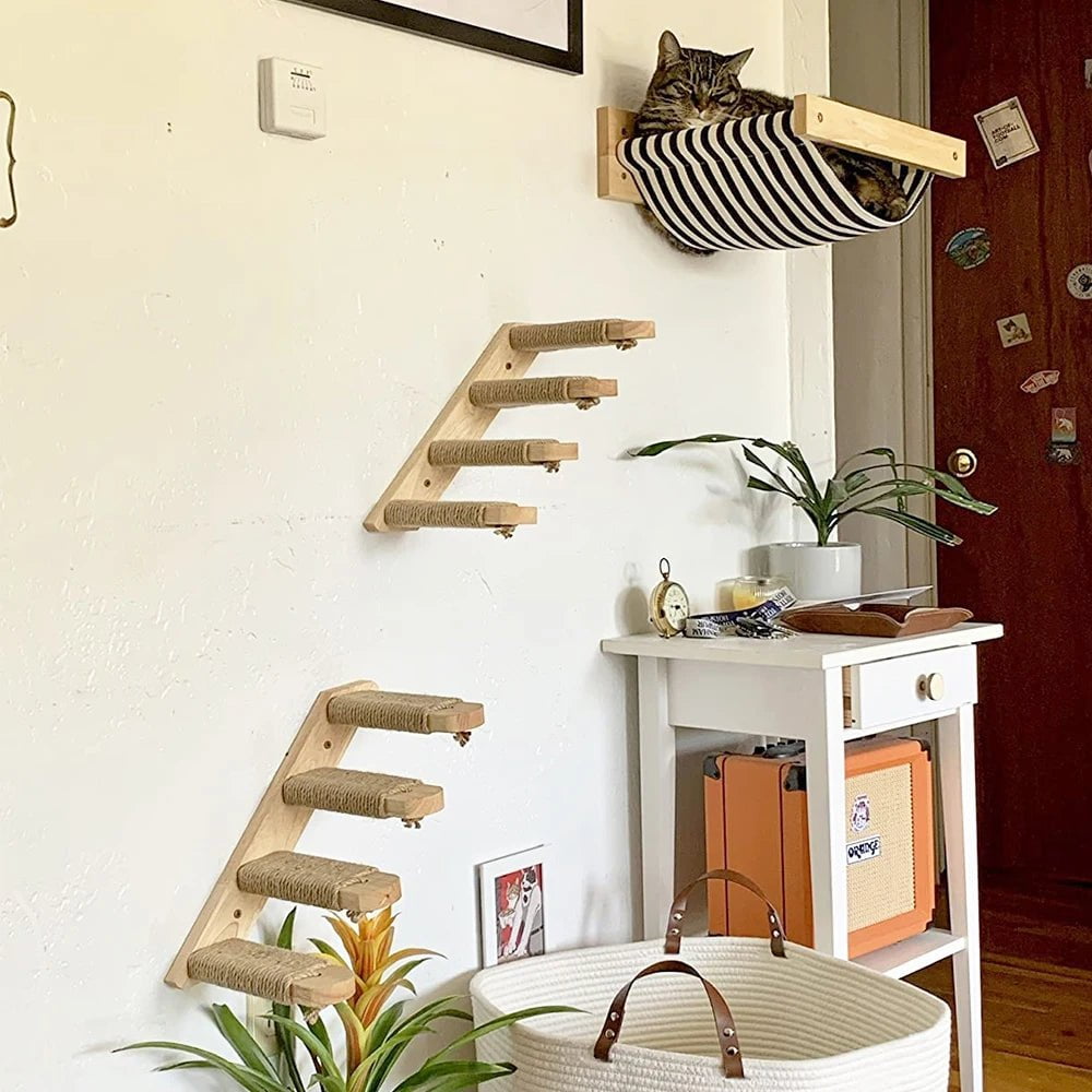 Cat Climbing Shelf Wall Mounted Four Step Stairway with Sisal Scratching Post and Natural Pine Wood Construction