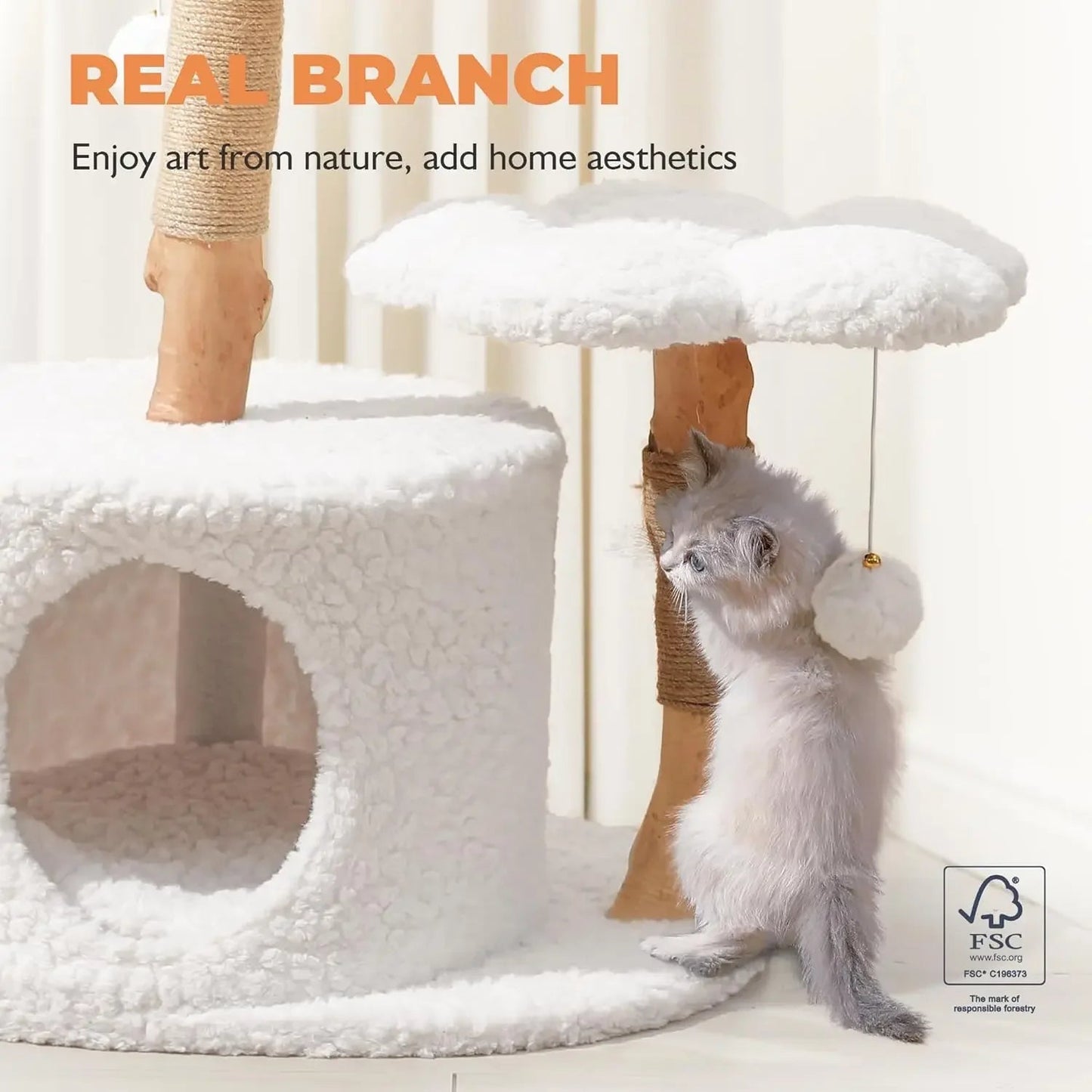 Luxury Cat Tree Tower for Large Cats - Modern Wooden Cat Condo with Real Branch