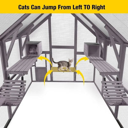 Large Outdoor Cat Enclosure with Bridges, Walks, Small Houses, and Waterproof Roof Cover