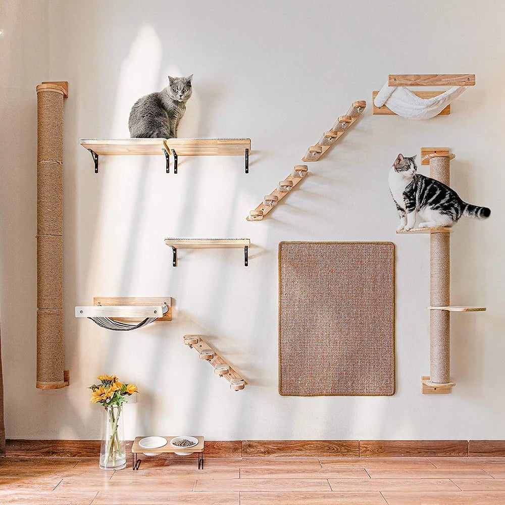 Cat Climbing Shelf Wall Mounted Four Step Stairway with Sisal Scratching Post and Natural Pine Wood Construction