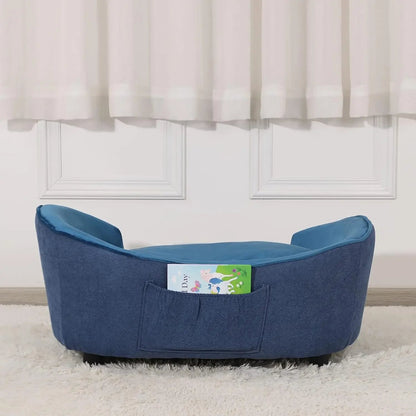 Pet Sofa Bed - Velvet & Linen Fabric Pet Couch with Removable & Washable Cushion and Solid Wood Frame