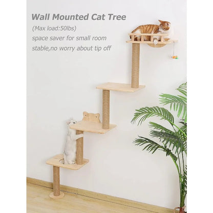 Wall-Mounted Cat Tree with 4 Levels, 73" Wood Corner Tower, and Sisal Rope Scratching Post