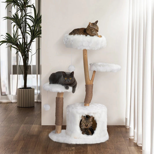 Natural Branch Modern Cat Tree - 3-Tier Luxury Cat Condo with Plush Perches and Jute Rope Scratching Posts