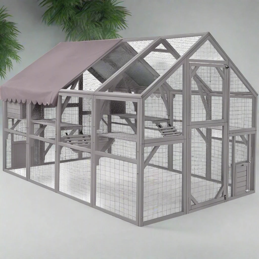 Large Outdoor Cat Enclosure with Bridges, Walks, Small Houses, and Waterproof Roof Cover