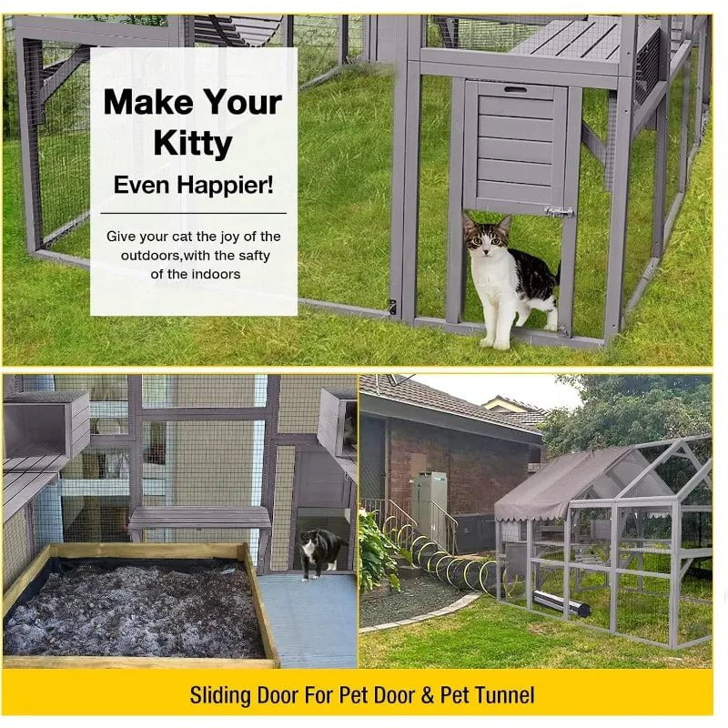 Large Outdoor Cat Enclosure with Bridges, Walks, Small Houses, and Waterproof Roof Cover