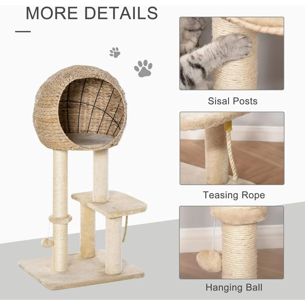 39" Cat Tree with Sisal Scratching Post, Condo, Hanging Rope, and Plush Fabric