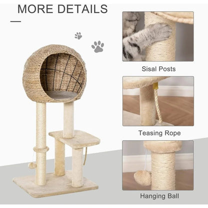 39" Cat Tree with Sisal Scratching Post, Condo, Hanging Rope, and Plush Fabric