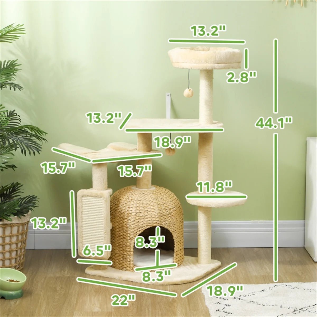 Cat Tree Tower with Sisal Scratching Posts, Hammock, Cozy Bed, and Toy Balls for 1-2 Cats