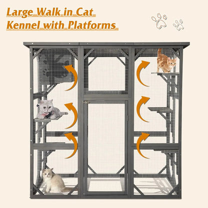 Large Outdoor Catio Wooden Cat House with Weatherproof Roof, Indoor Playpen, and Platform