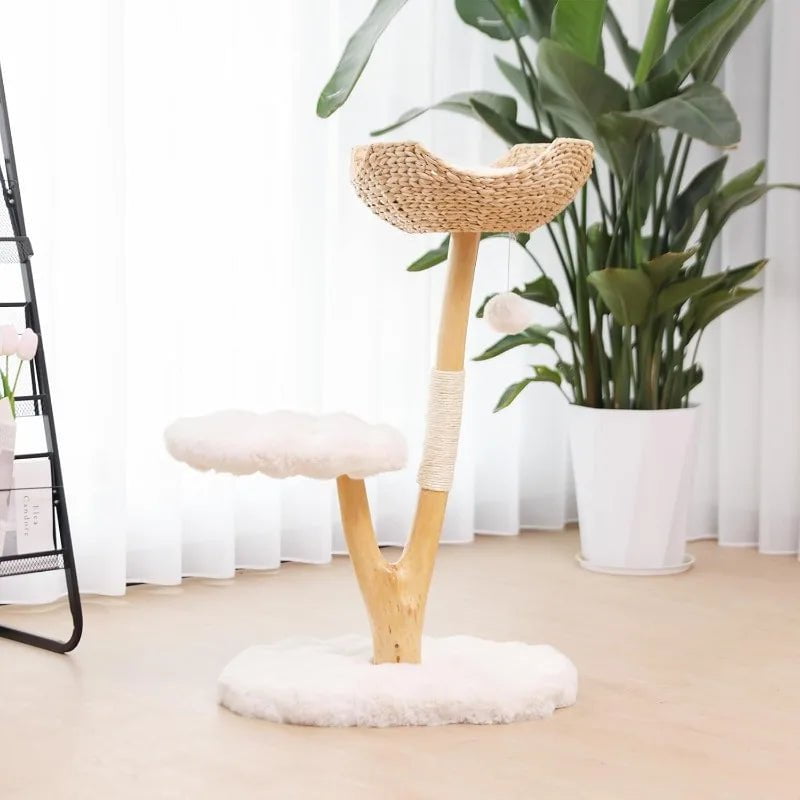 Wooden Cat Tree Tower with 40-Inch Scratching Post, Real Wood Branches, and Comfortable Cushions for Large Cats