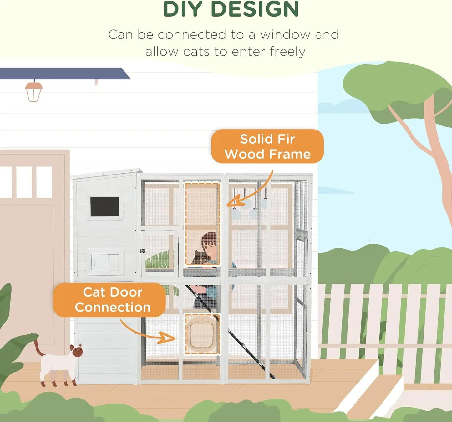 72-Inch Luxury Wooden Catio with 2 Napping Houses, 7 Jumping Platforms, and Weather-Resistant Asphalt Roof