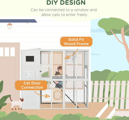 72-Inch Luxury Wooden Catio with 2 Napping Houses, 7 Jumping Platforms, and Weather-Resistant Asphalt Roof