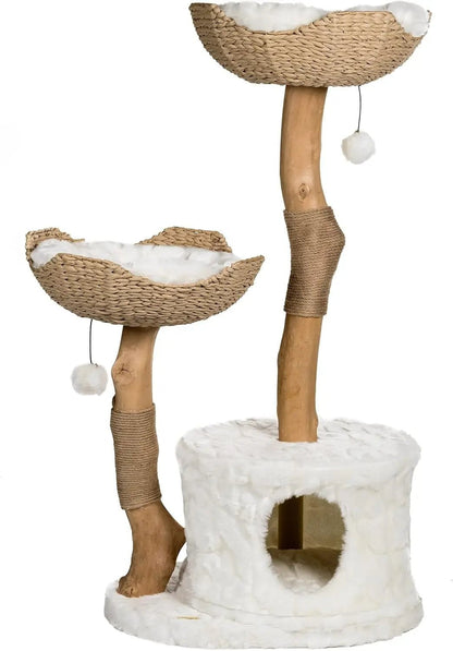 Modern Luxury Cat Tree Tower for Large Cats - 3-Layer Real Branch Cat Condo with Scratching Tree and Unique Design