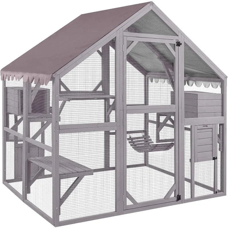 Large Outdoor Cat Enclosure with Bridges, Walks, Small Houses, and Waterproof Roof Cover