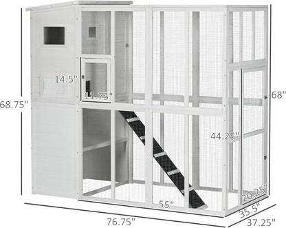 72-Inch Luxury Wooden Catio with 2 Napping Houses, 7 Jumping Platforms, and Weather-Resistant Asphalt Roof