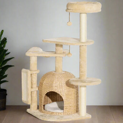 Cat Tree Tower with Sisal Scratching Posts, Hammock, Cozy Bed, and Toy Balls for 1-2 Cats