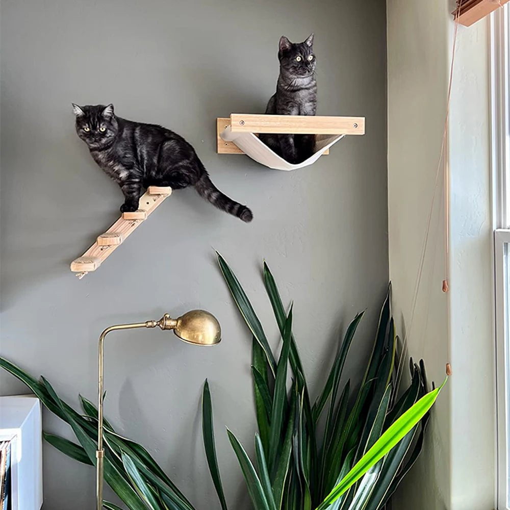 3-Piece Cat Hammock Set with Four-Step Sisal Stairway, Wall-Mounted Wooden Cat Furniture, and Comfortable Hammock