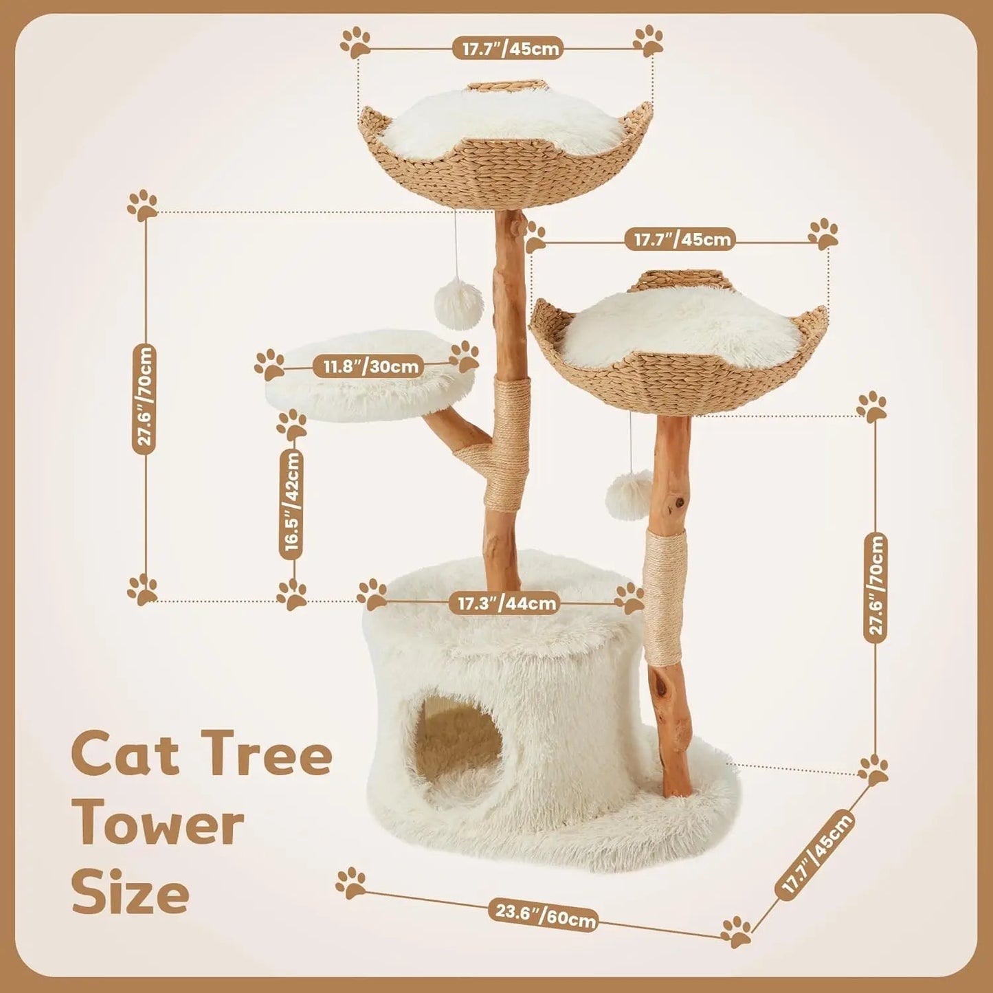 Aesthetic Cat Tree - Wood Cute Tree Tower with Scratching Post, Modern Condos, Jumping Platforms, and 2 Beds