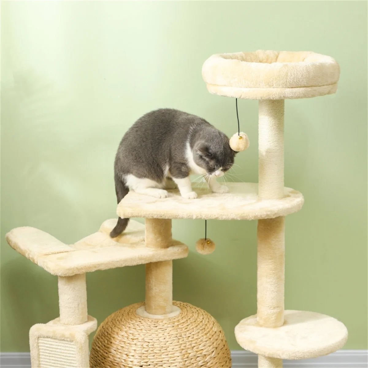 Cat Tree Tower with Sisal Scratching Posts, Hammock, Cozy Bed, and Toy Balls for 1-2 Cats