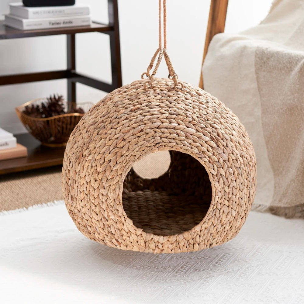 Water Hyacinth Woven Wicker Round Cat Bed Cave - Eco-Friendly, Luxurious, and Cozy Resting Place for Cats