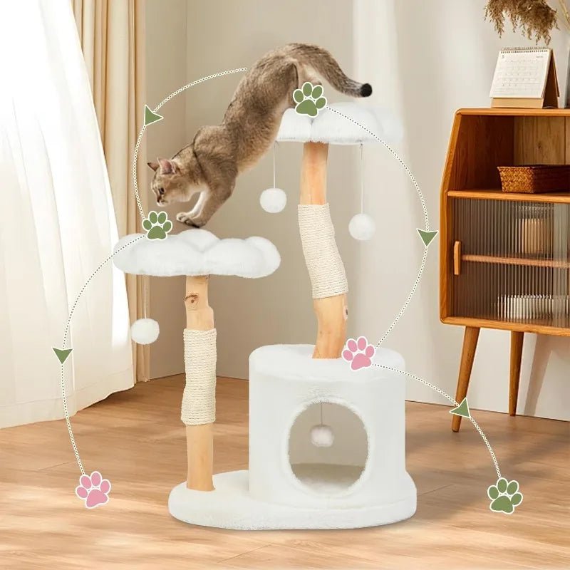 Wood Flower Cat Tree Tower for Indoor Cats - Cute Cat Condo with Scratching Post, Plush Perches, and Toy Balls