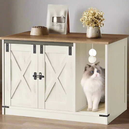 Cat Litter Box Enclosure - Hidden Litter Box Cabinet Furniture with Cat Bell, Indoor Cat House, and Farmhouse Style Design