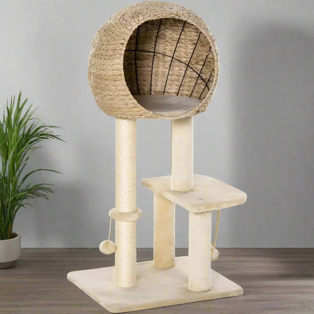 39" Cat Tree with Sisal Scratching Post, Condo, Hanging Rope, and Plush Fabric