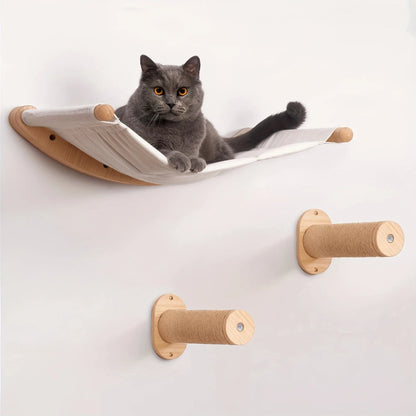 Wall-Mounted Cat Hammock with Two Steps, Shelf, and Sturdy Wood Construction for Relaxation and Play